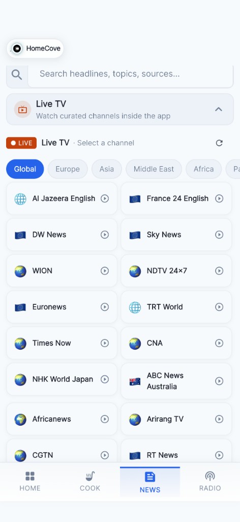 HomeCove Live TV channel selector