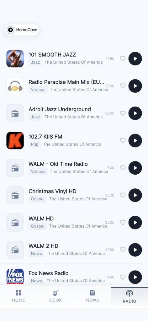 HomeCove radio station list with play controls