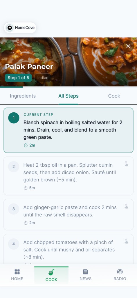 Palak Paneer guided cooking steps in HomeCove