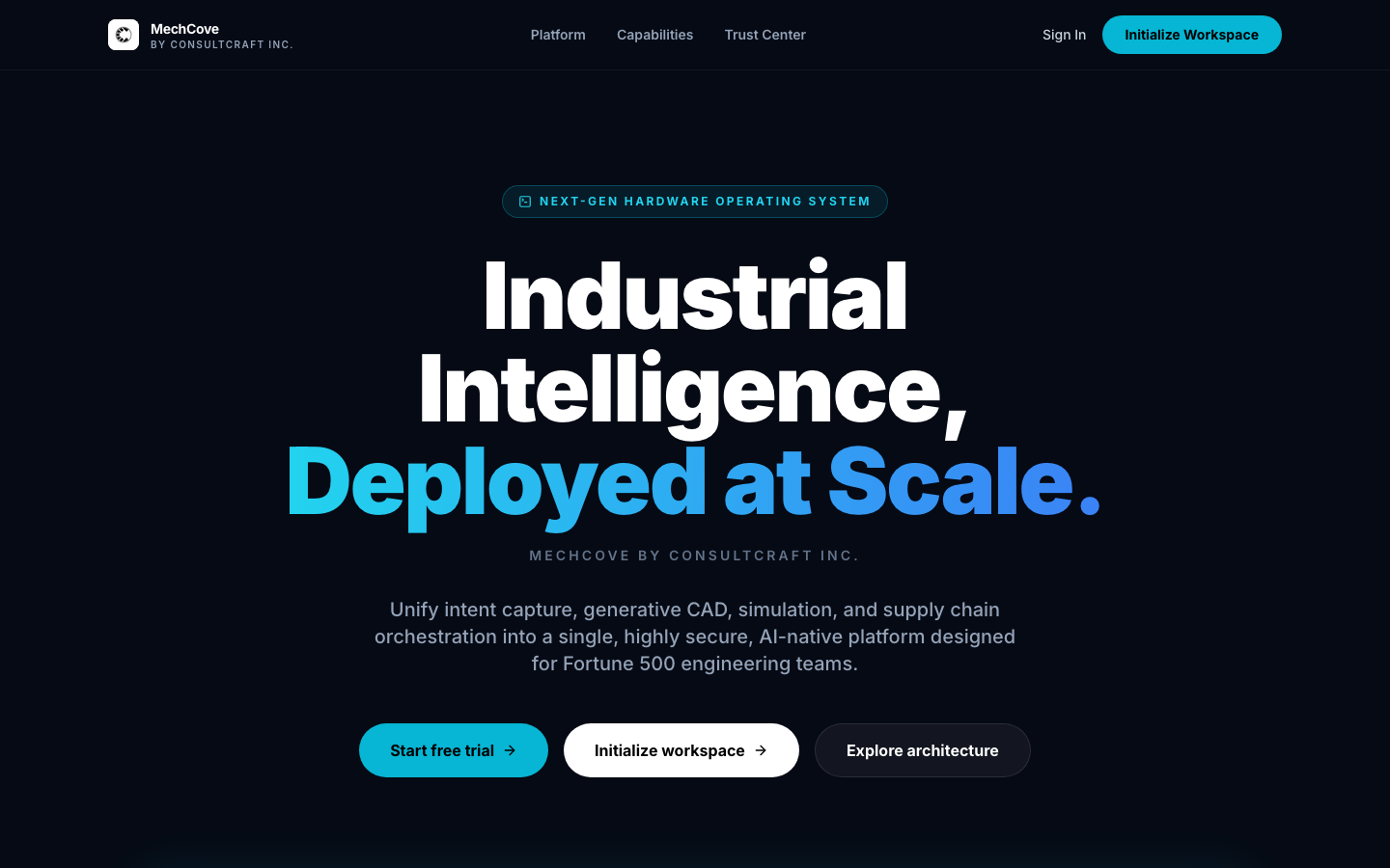 MechCove hero — CAD, simulation, CAM, and manufacturing quote modules in one dark workspace