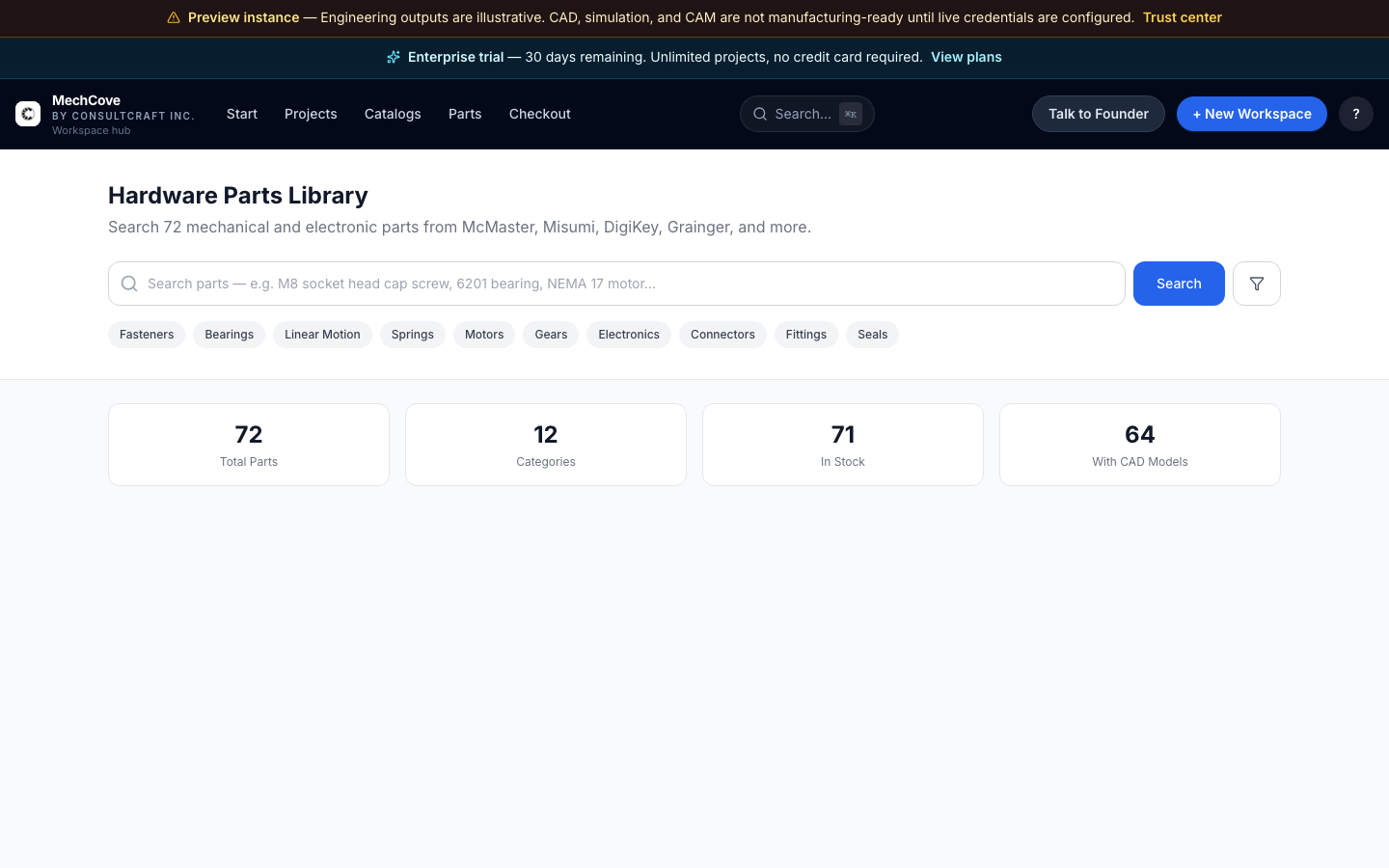 MechCove parts catalog search with supplier badges, compliance tags, and add-to-cart actions.