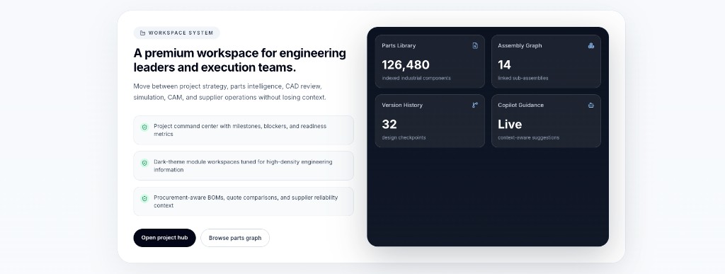 MechCove workspace command center with parts library, assembly graph, version history, and live copilot.