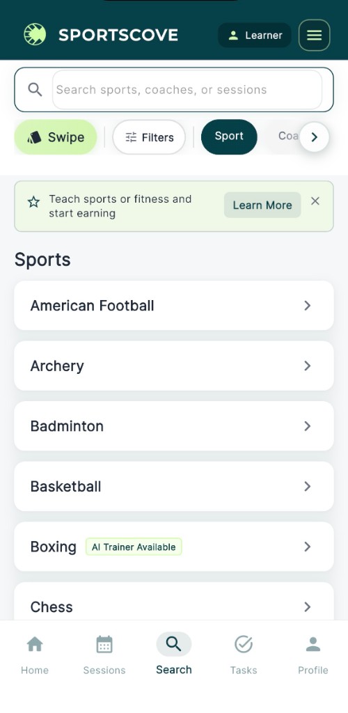 SportsCove unified marketplace search across sports, coaches, and sessions