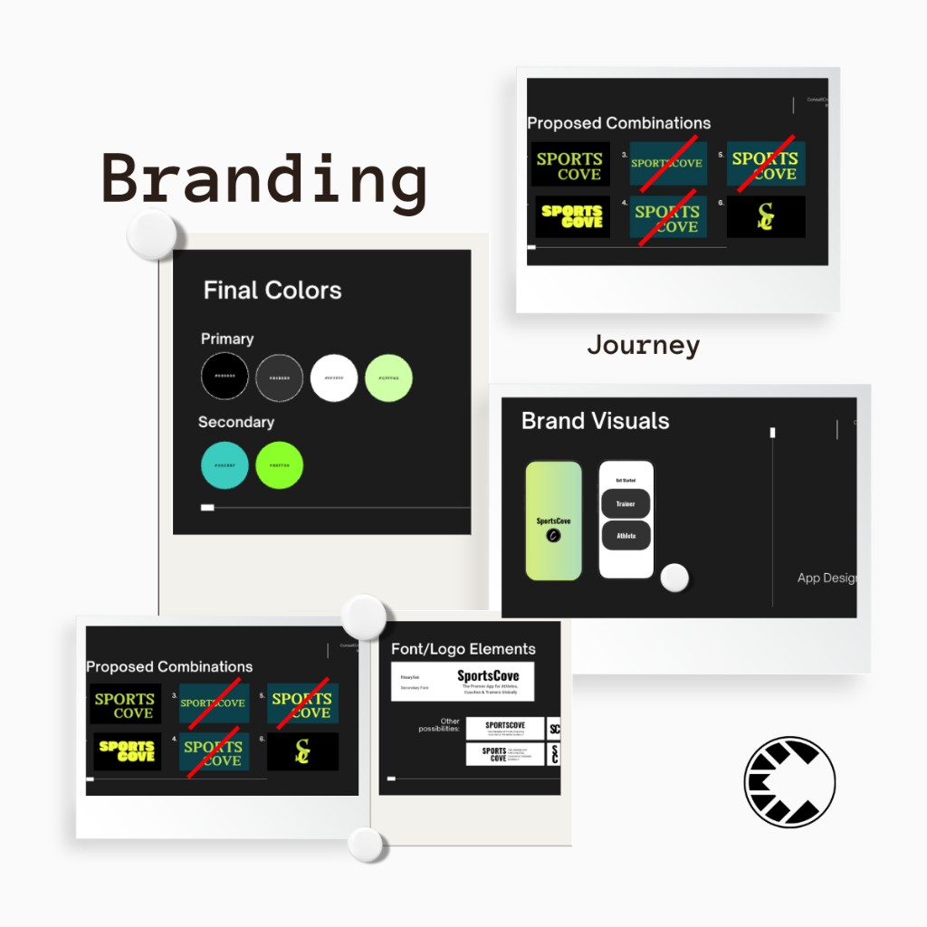SportsCove branding journey — color palette, logo iterations, and app mockups