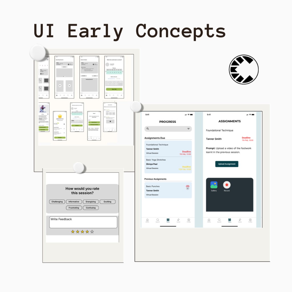 Early SportsCove UI wireframes and high-fidelity mobile concepts