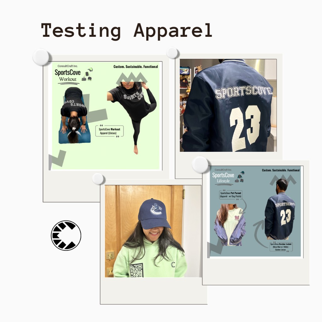 SportsCove apparel testing — bomber jackets, hoodies, and lifestyle branding